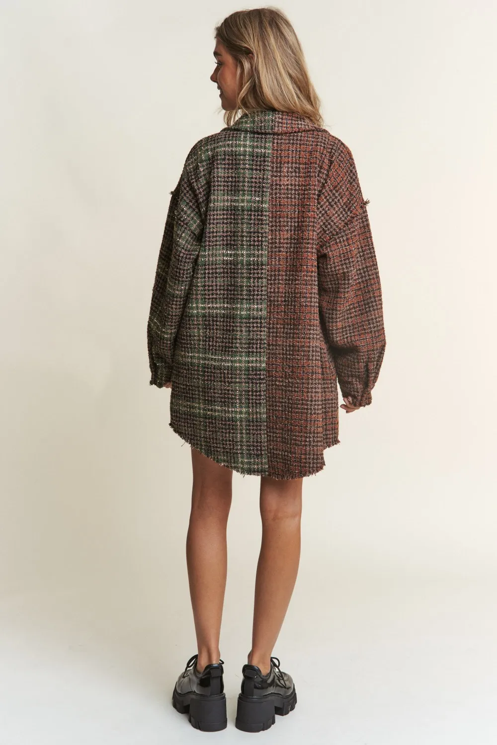Snap Down Tweed Plaid Contrast Longline Shacket, image 2