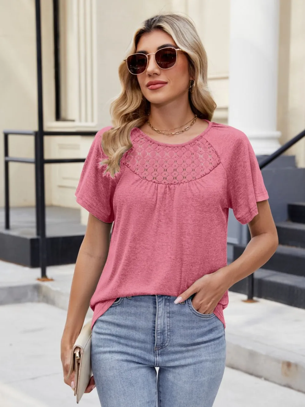 Lace Detail Round Neck Short Sleeve Blouse, image 10
