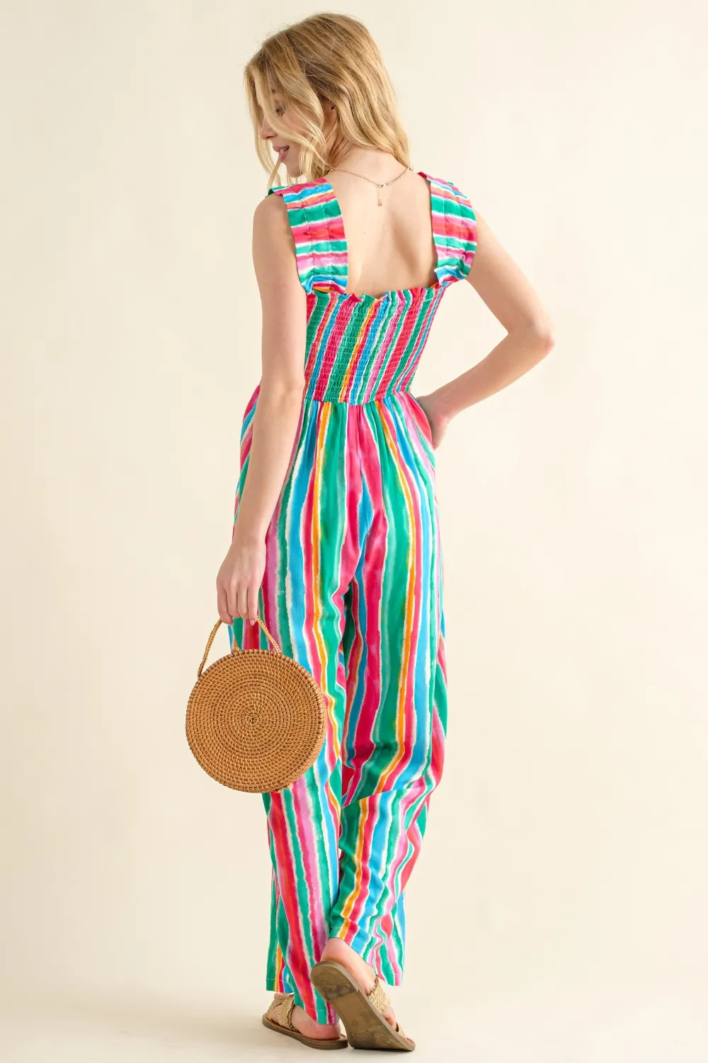 Full Size Striped Smocked Sleeveless Jumpsuit, image 2