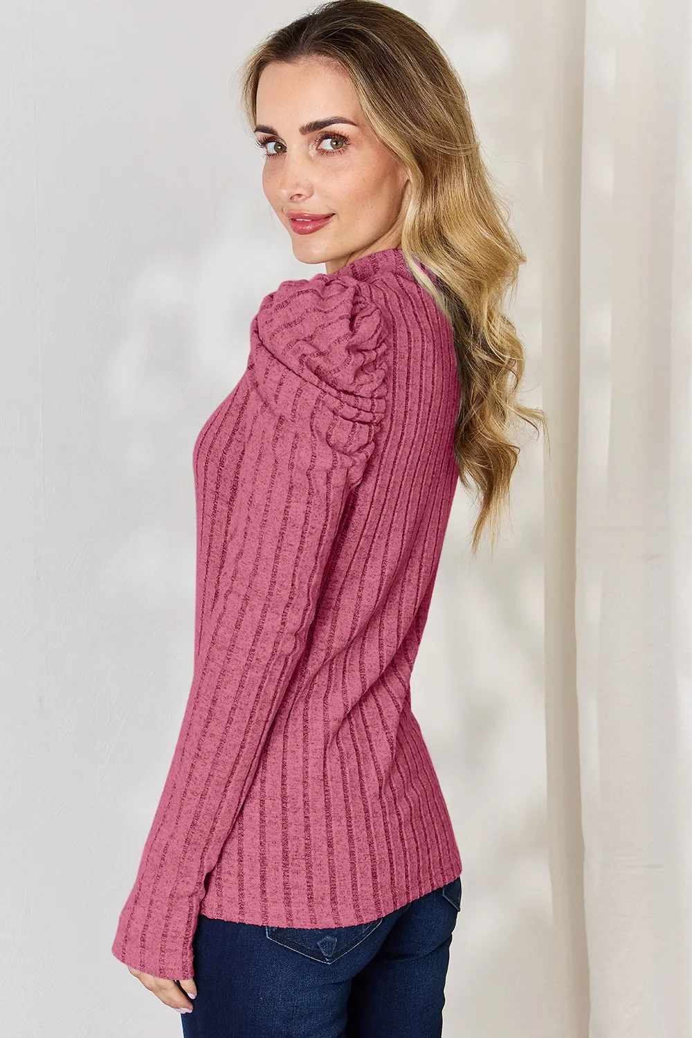 Full Size Ribbed Mock Neck Puff Sleeve T-Shirt, image 4