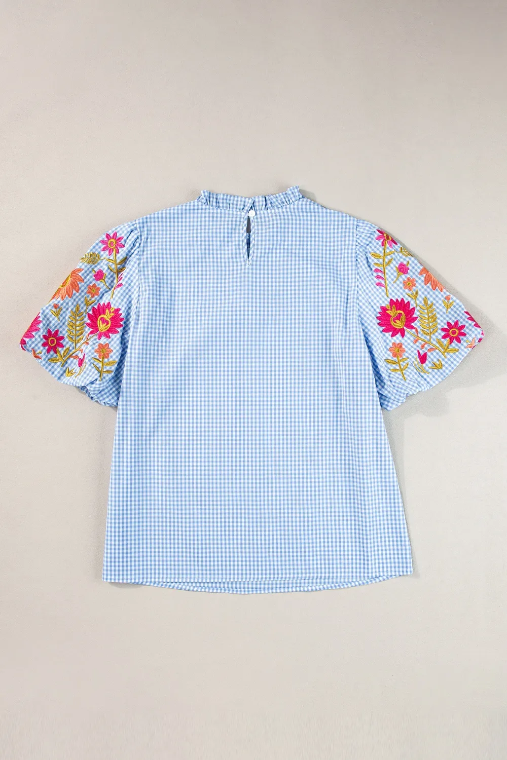 Embroidered Plaid Round Neck Short Sleeve Blouse, image 2