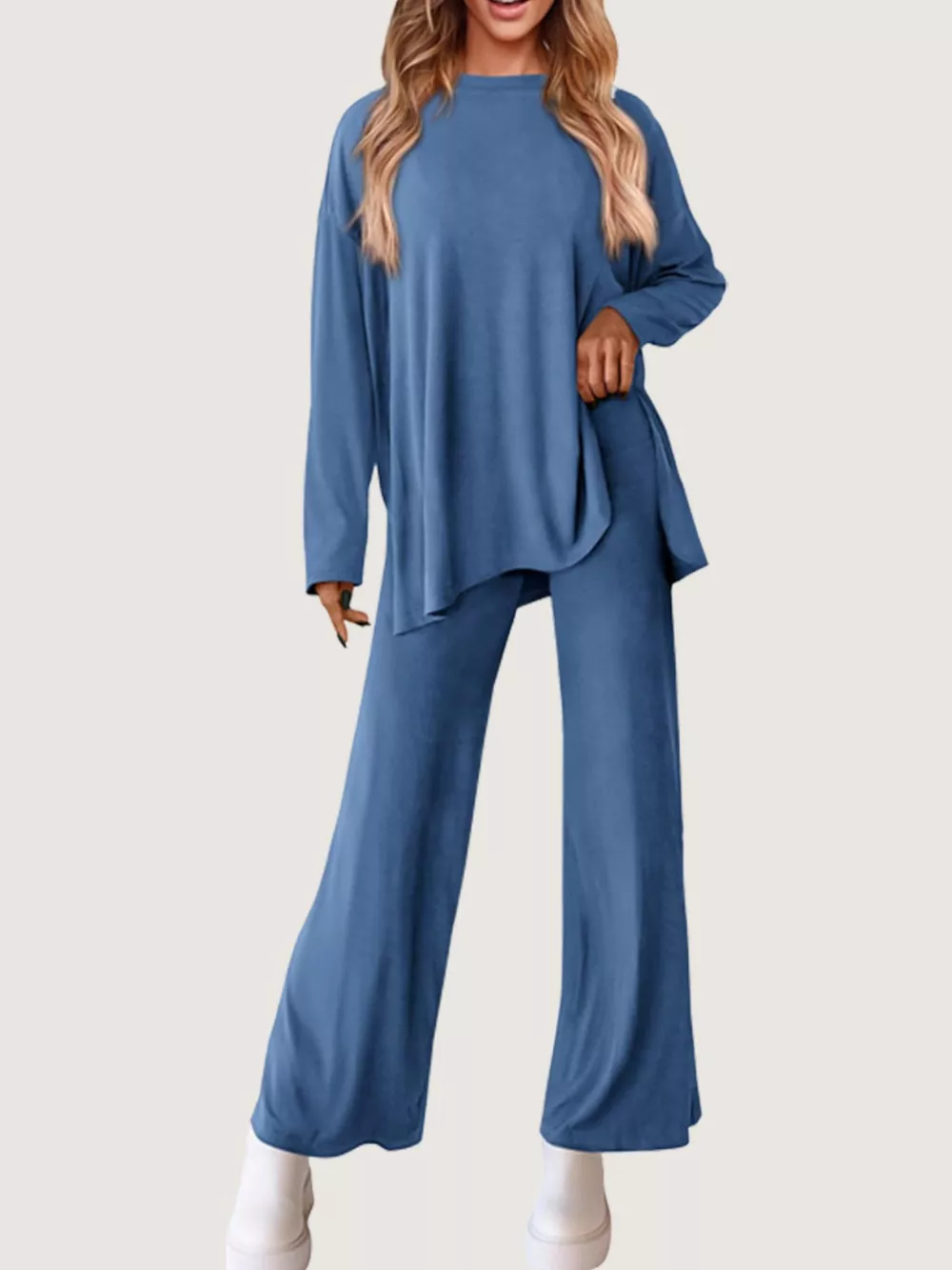 Casual Loose Long Sleeve Top and Wide Leg Pants Set, image 2