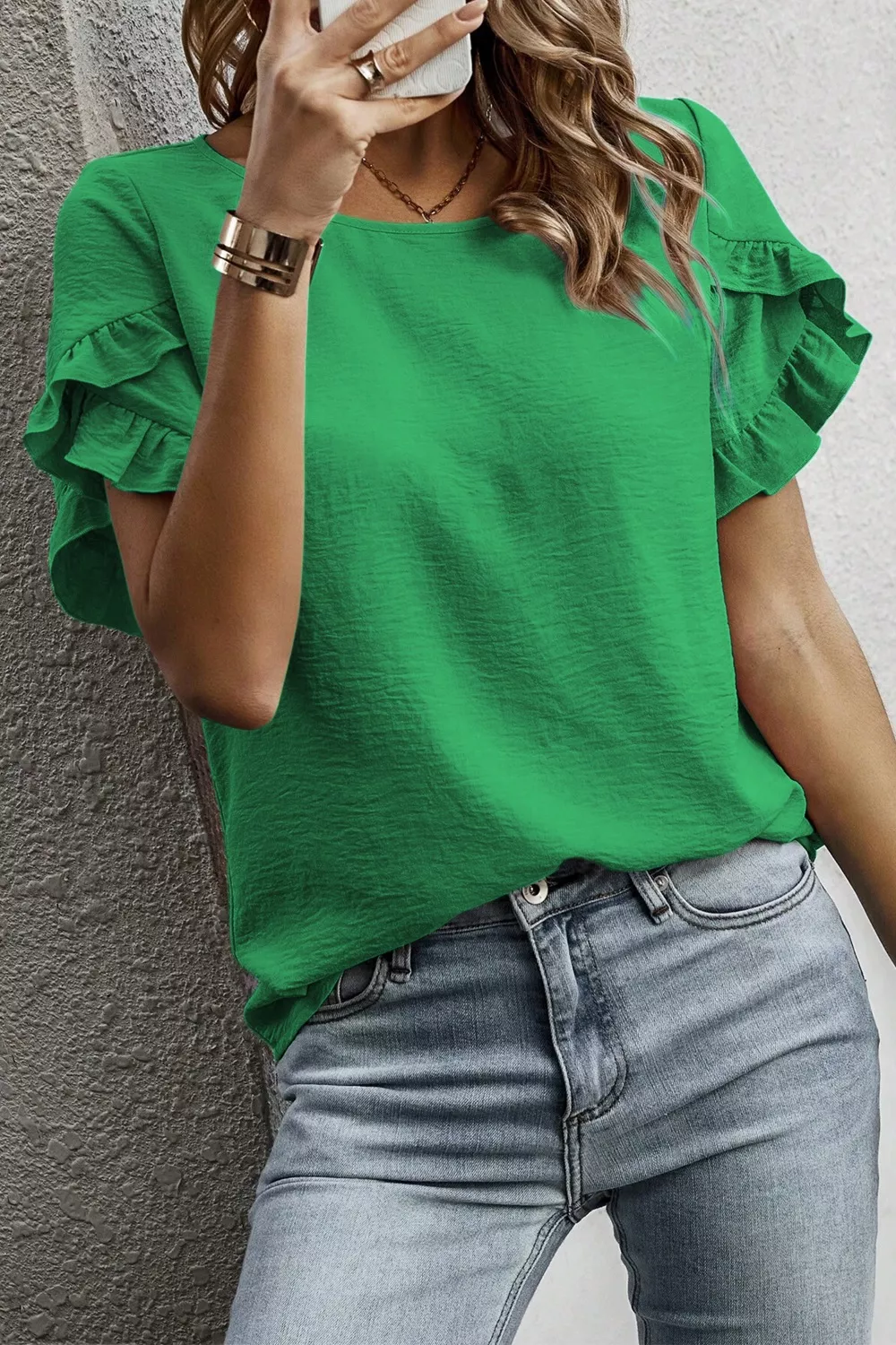 Solid Color Ruffle Trim Short Sleeve Blouse, image 15