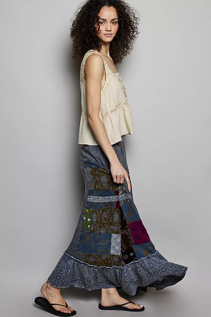 Printed Patchwork Embroidered Ruffled Skirt, image 5