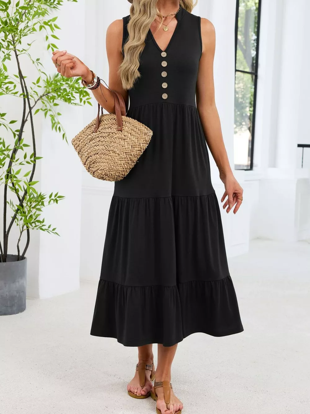 Sleeveless Notched Tiered Midi Dress, image 3