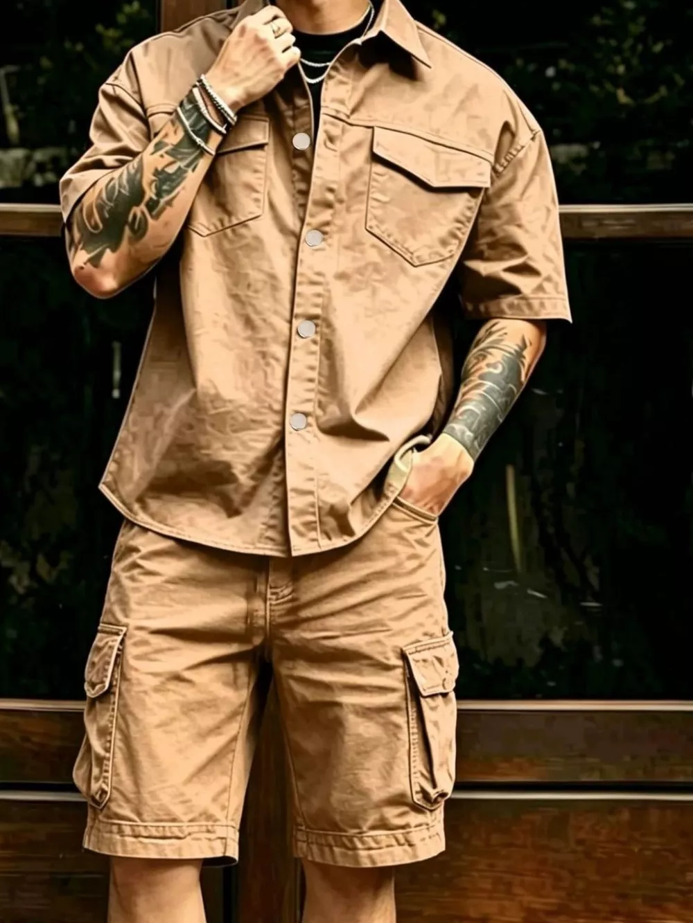 Men's Full Size Cargo Shirt and Shorts Set Plus Size, image 4