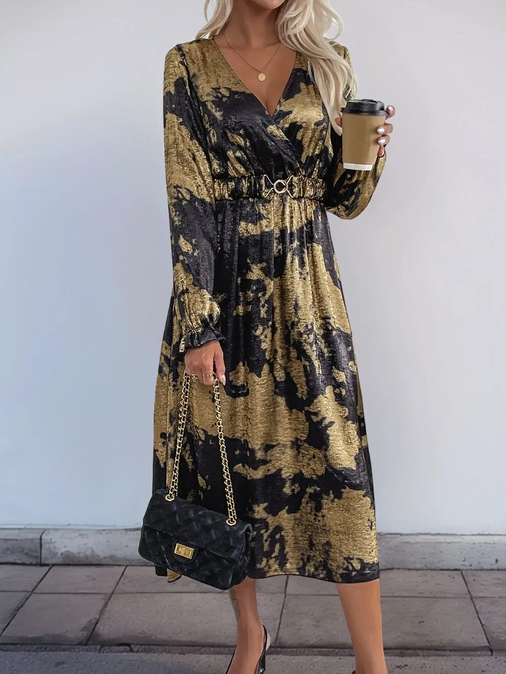 Printed Surplice Long Sleeve Midi Dress, image 2