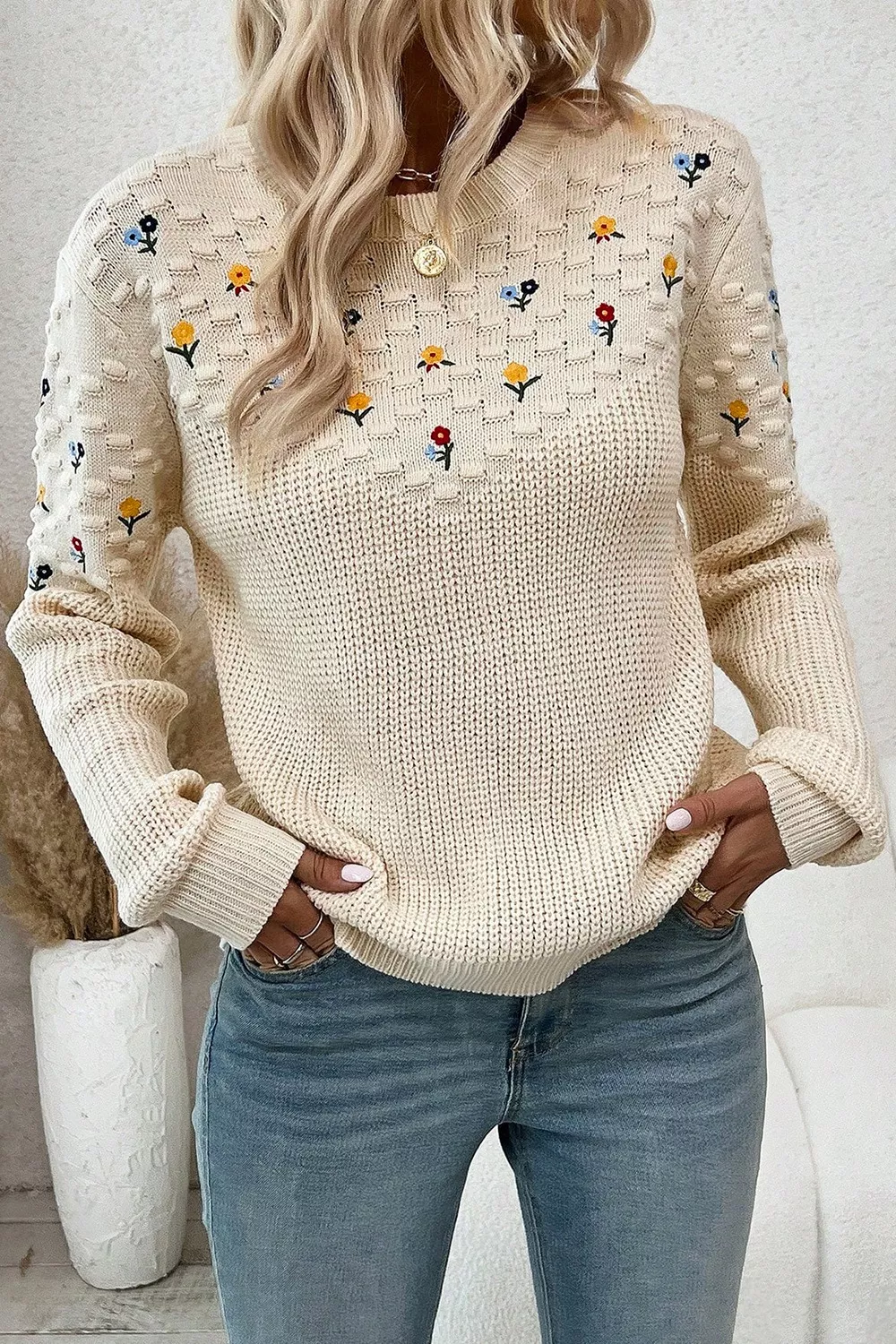 Floral Round Neck Dropped Shoulder Sweater, image 2