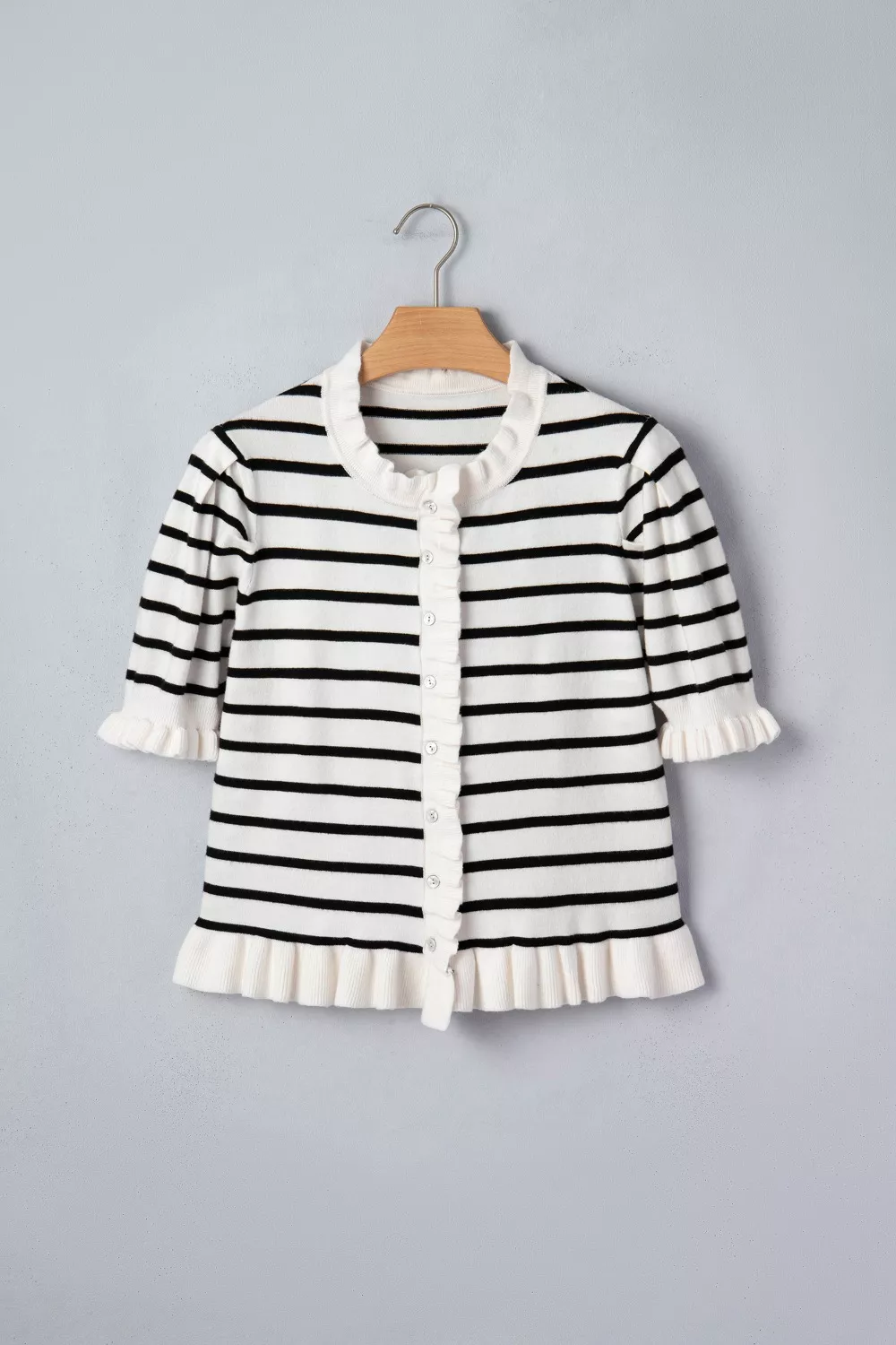 Stripe Ruffle Trim Button Down Knit Short Sleeve Sweater Cardigan, image 3