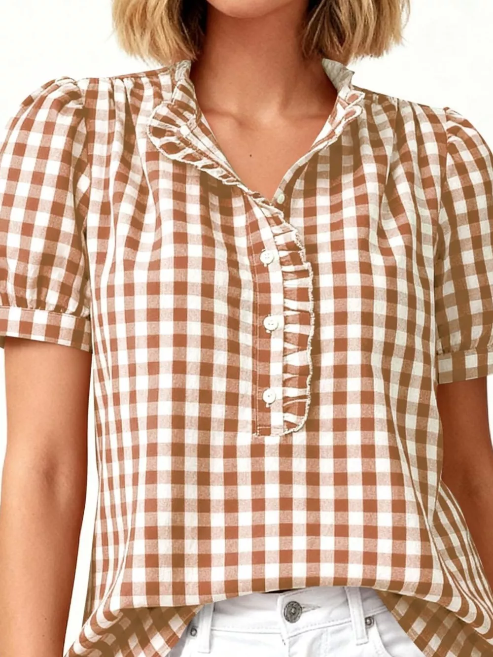 Gingham Button Front Puff Sleeve Blouse, image 6