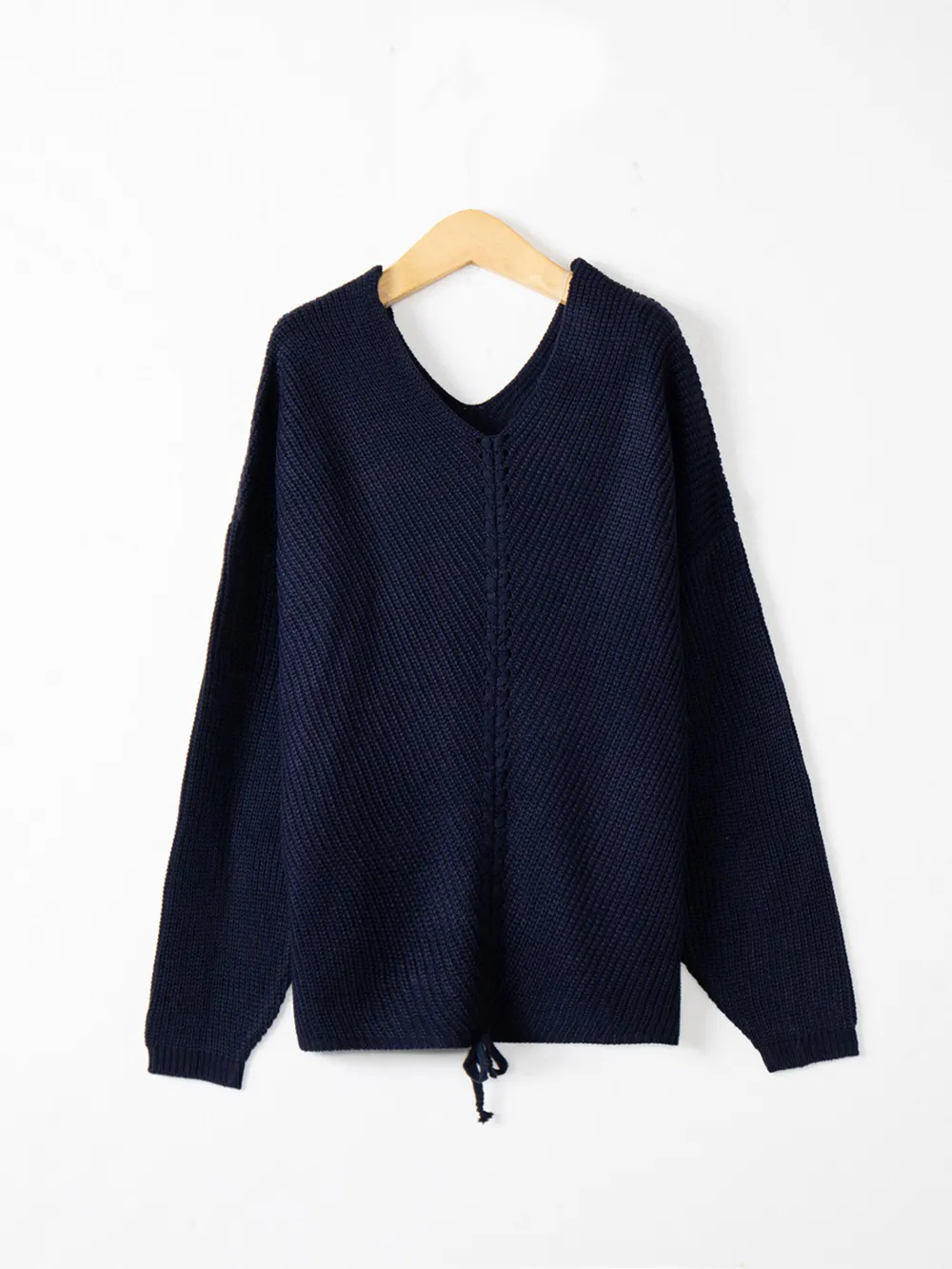 Full Size Lace Up V-Neck Long Sleeve Sweater, image 17