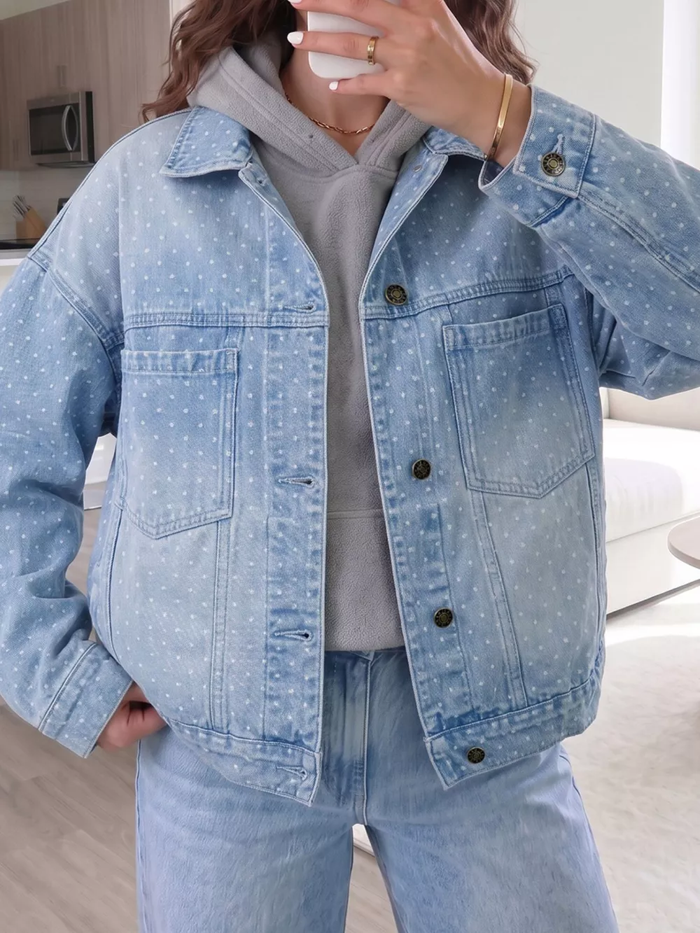 Polka Dot Long Sleeve Collar Pocket Casual Shift Silhouette Denim Jacket, image 4