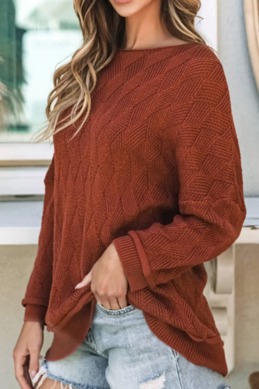 Diamond Round Neck Dropped Shoulder Sweater, image 2