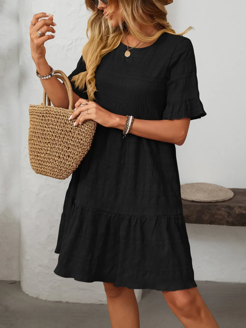 Ruffled Ruched Round Neck Half Sleeve Dress, image 3