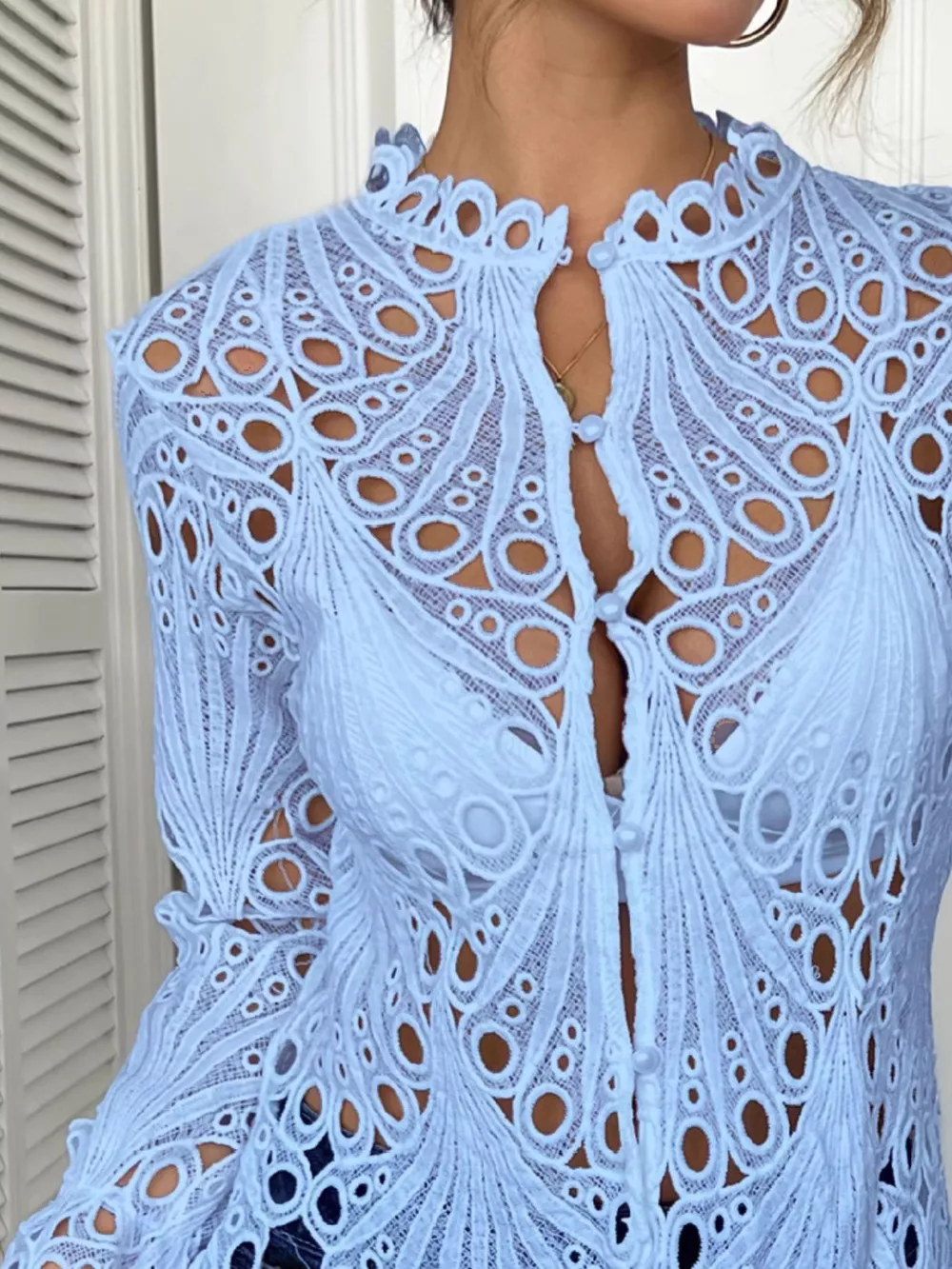 Lace Button Up Long Sleeve Shirt, image 6