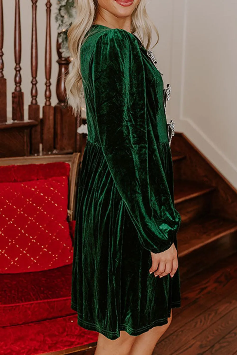 Velvet Bow Front Balloon Sleeve Dress, image 3