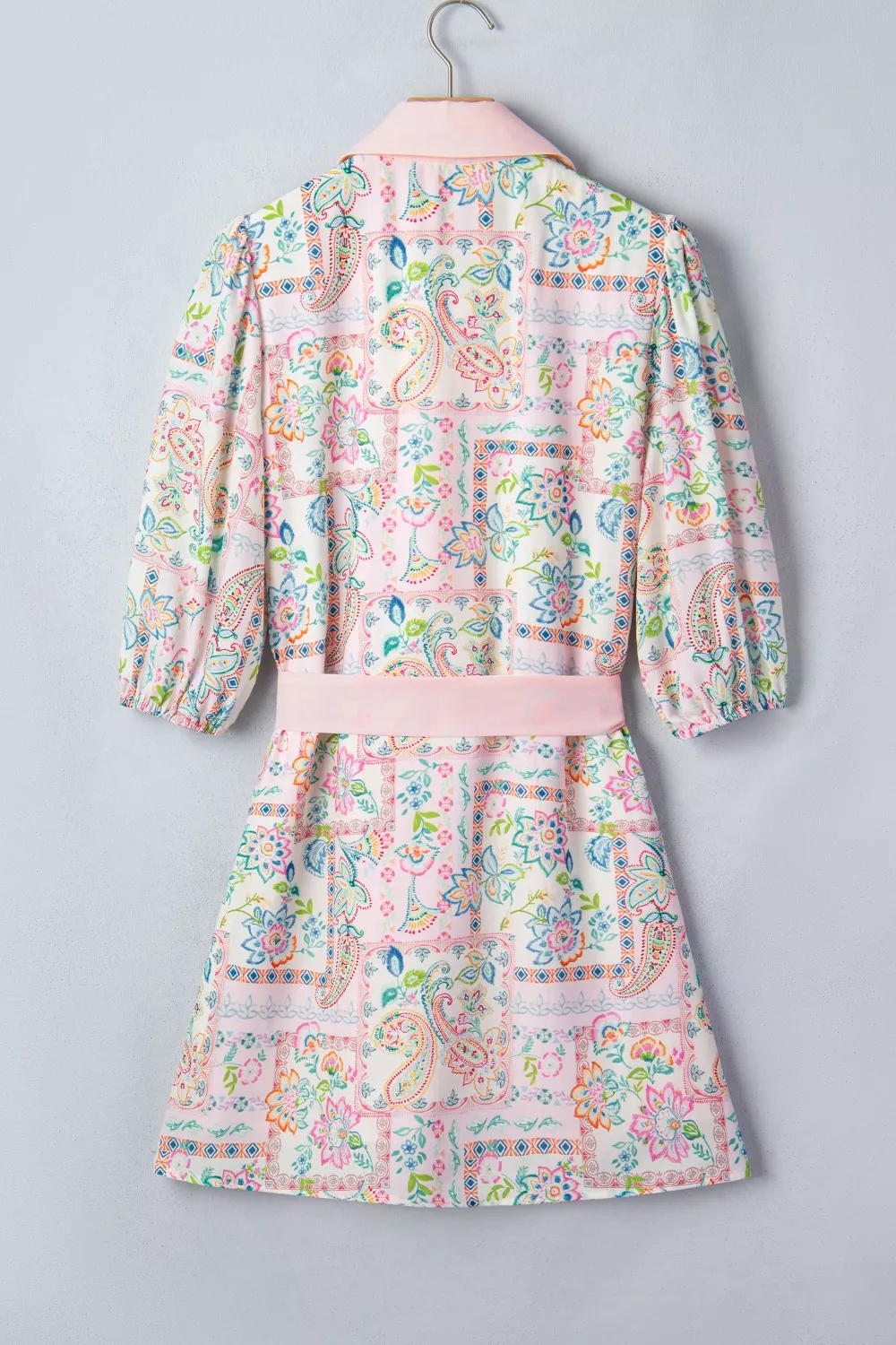 Floral Print Color Block Trim Half Button Belted Mini Dress, image 4