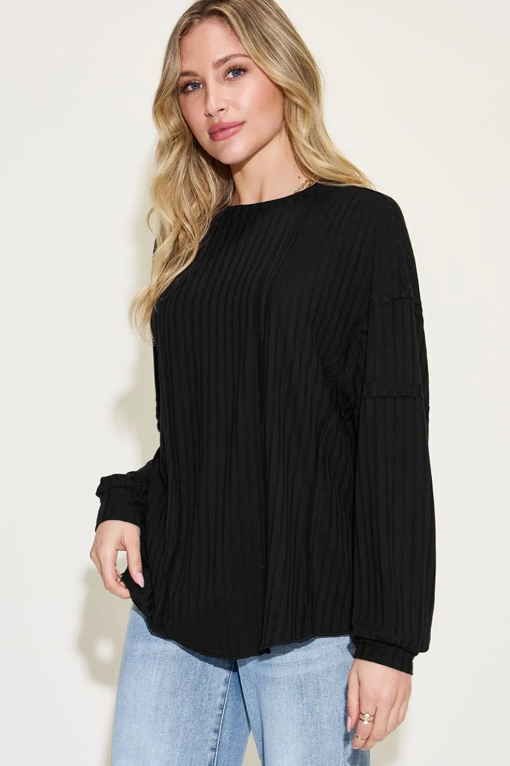 Full Size Ribbed Round Neck Long Sleeve T-Shirt, image 6