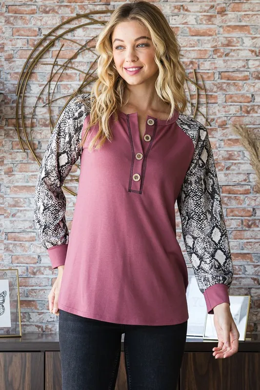 Full Size Snakeskin Print Raglan Sleeve Half Button Top, image 5