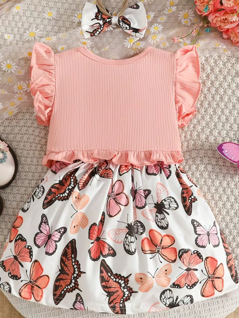 Children's Butterfly Print Dress and Ruffle Trim Cardigan Set with Headband, image 2