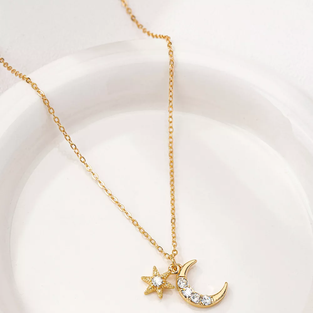 18K Gold-Plated Rhinestone Star & Moon Necklace, image 4