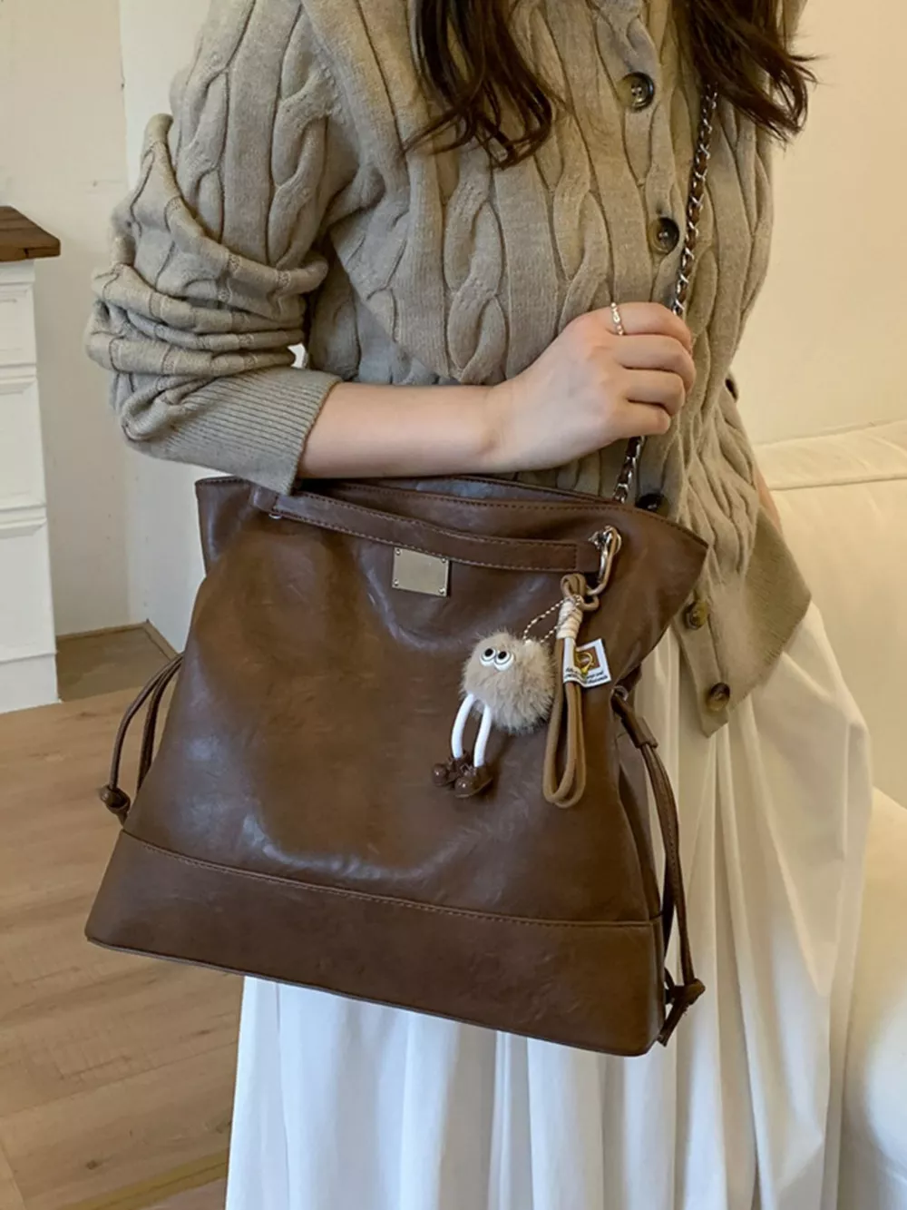 Chain Strap Faux Leather Tote Bag, image 5