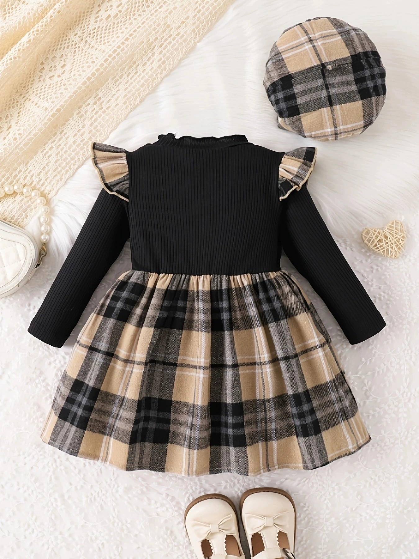Children's Ruffled Plaid Dress & Hat Set, image 4