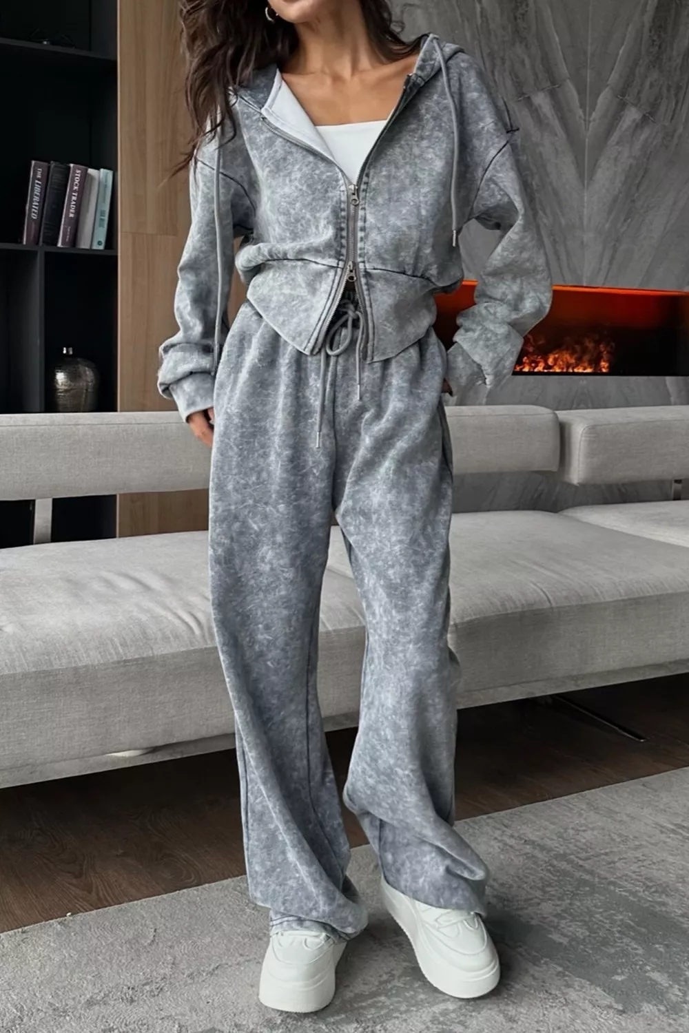 Acid Wash Zip-Up Hoodie and Wide-Leg Sweatpants Set, image 2