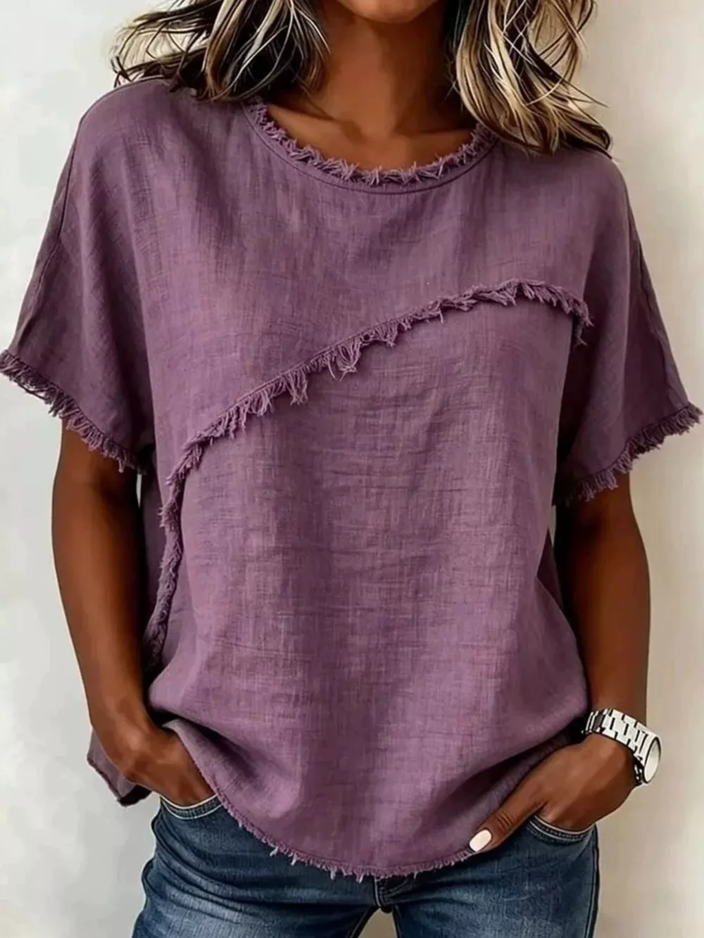 Full Size Frayed Hem Short Sleeve Top Plus Size, image 10