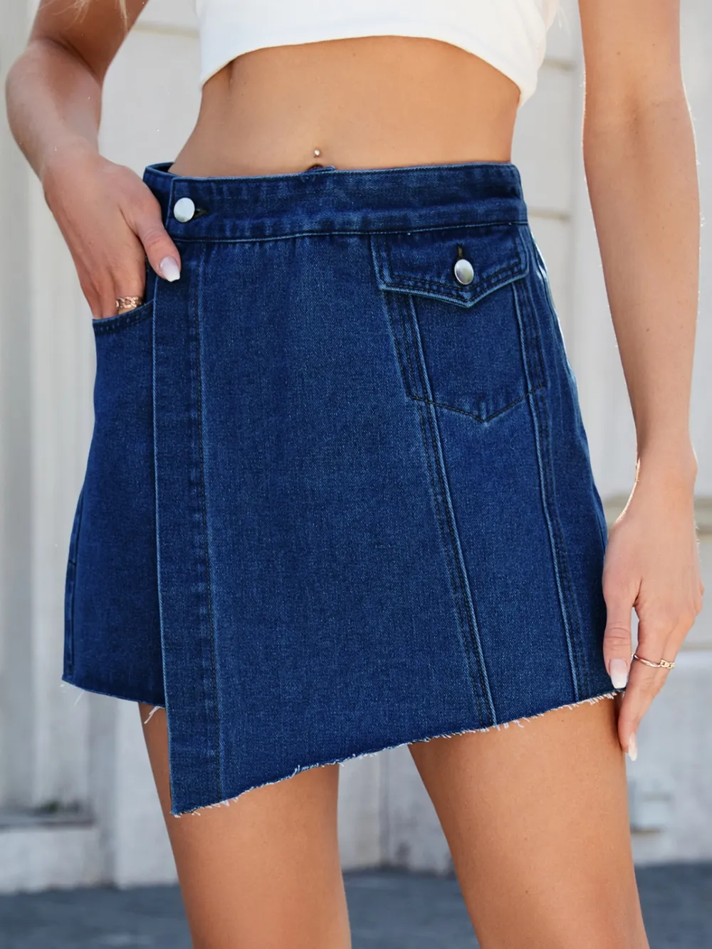 Frayed Hem Asymmetrical Denim Skort, image 2