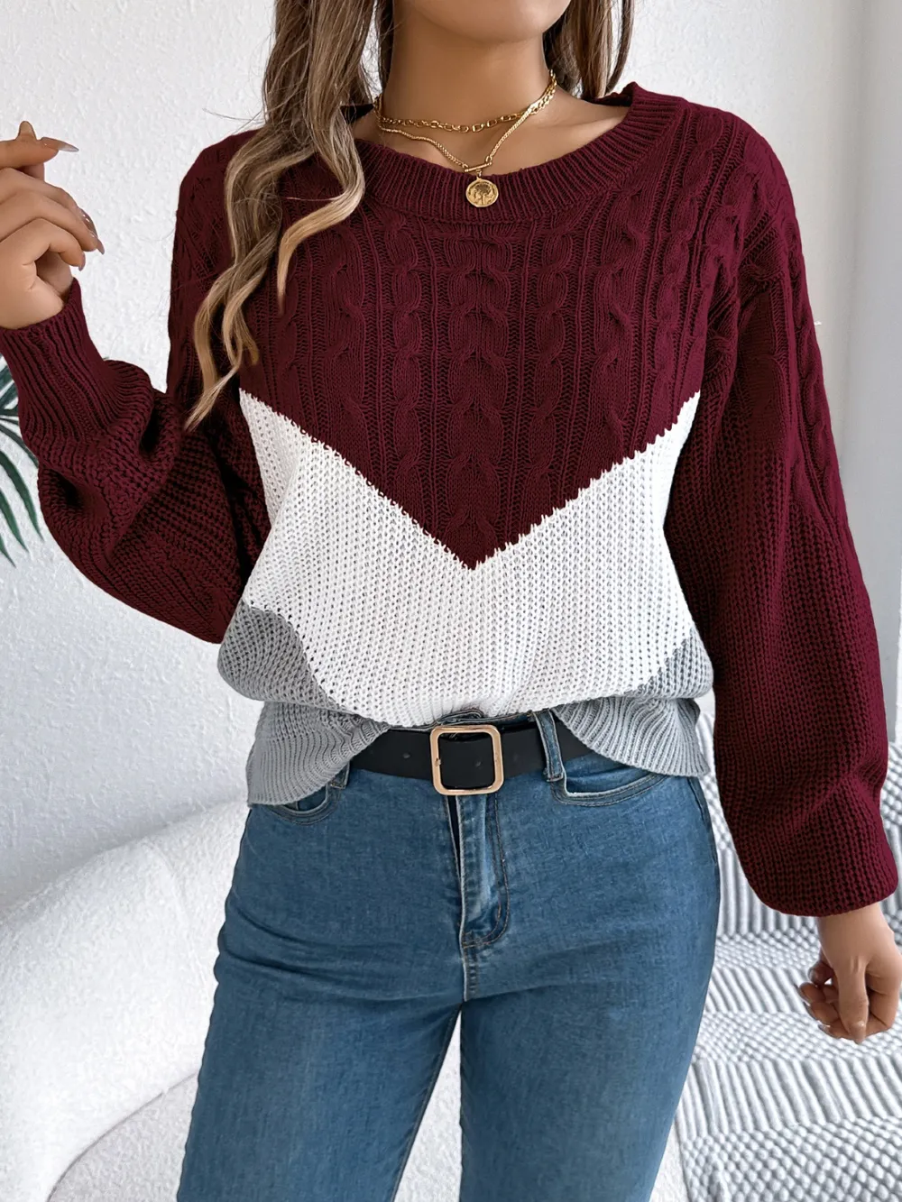 Cable-Knit Color Block Round Neck Sweater, image 14