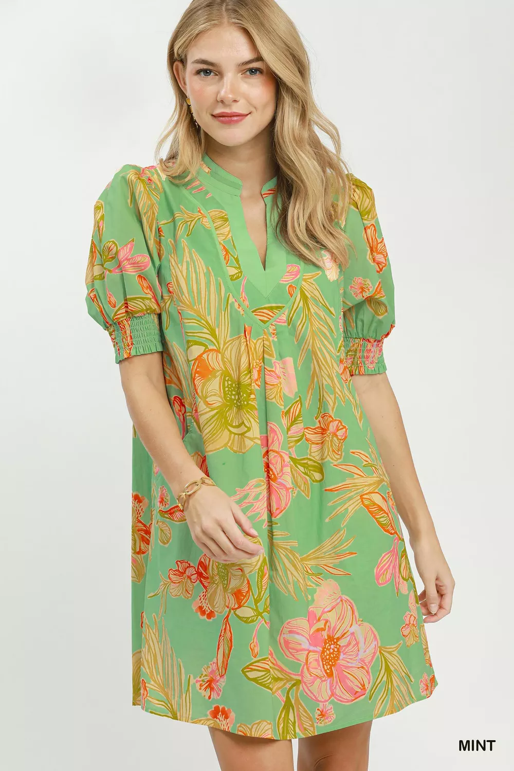 Botanical Print Dress with Smocked Cuffs