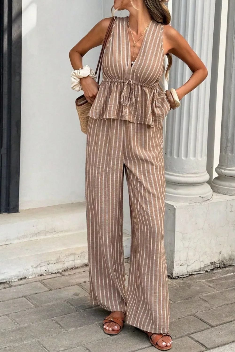Striped Sleeveless Top and Wide Leg Pants Set, image 3