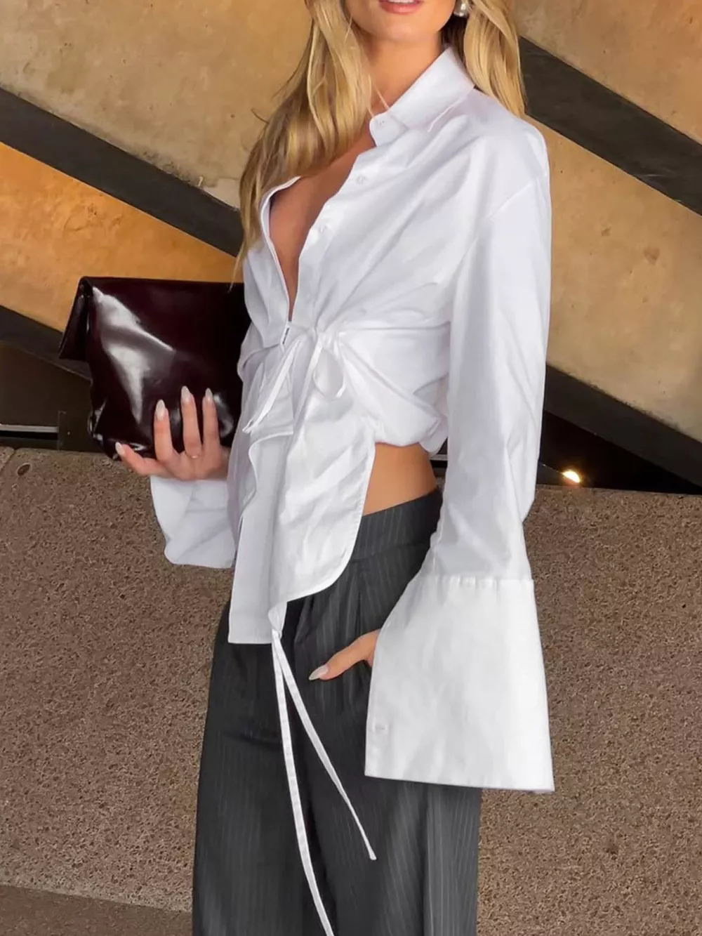 Tie-Waist Detail Wrap-Front Shirt, image 2