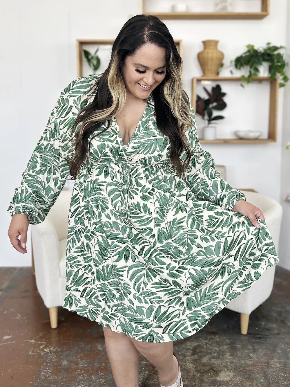 Full Size Printed Ruched Balloon Sleeve Dress, image 3