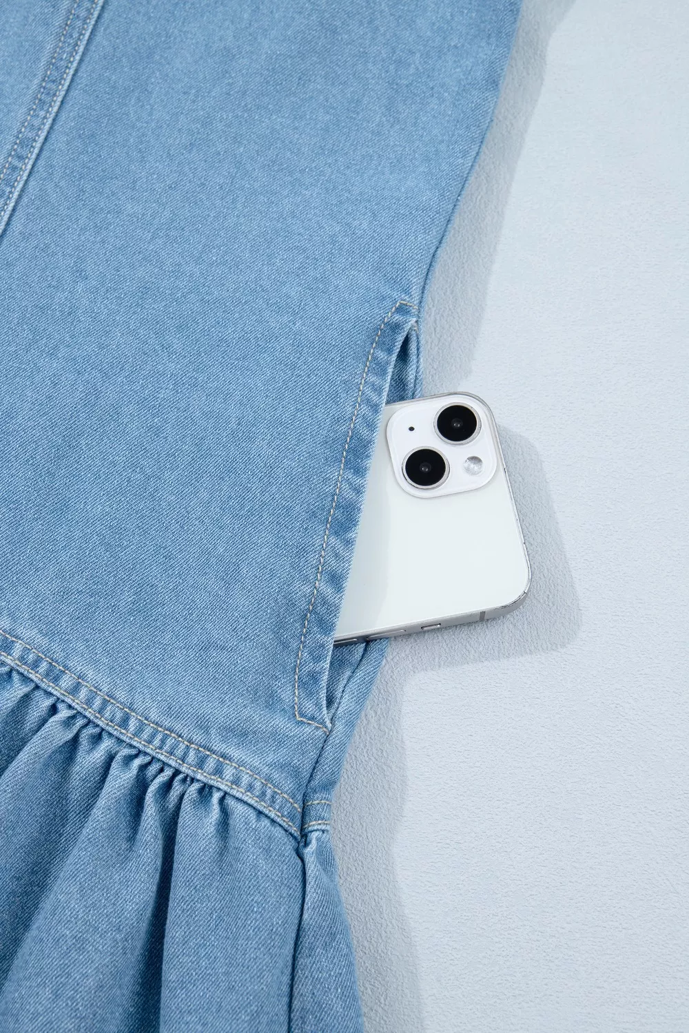 Button Down Short Puff Sleeve Ruffle Hem Denim Dress, image 11