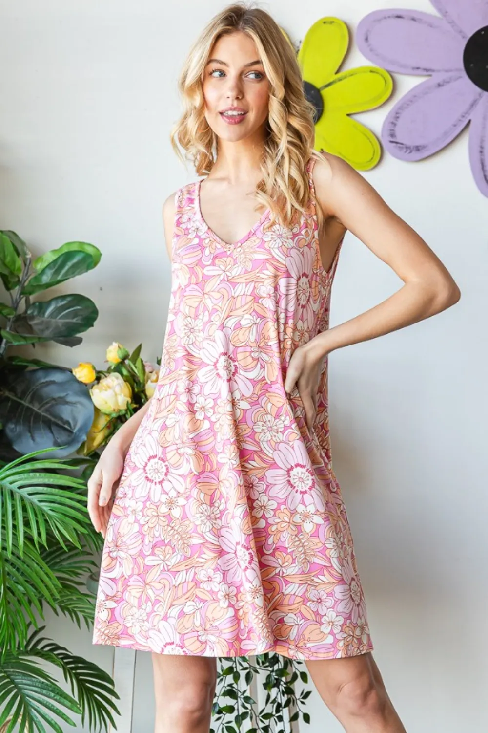 Full Size Floral V-Neck Tank Dress with Pockets, image 4