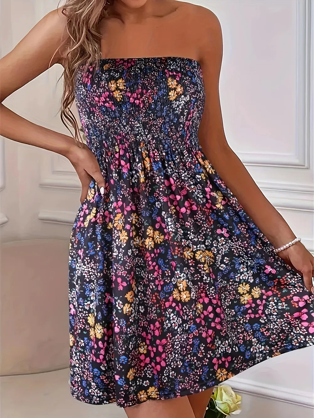 Full Size Smocked Printed Tube Mini Dress, image 8