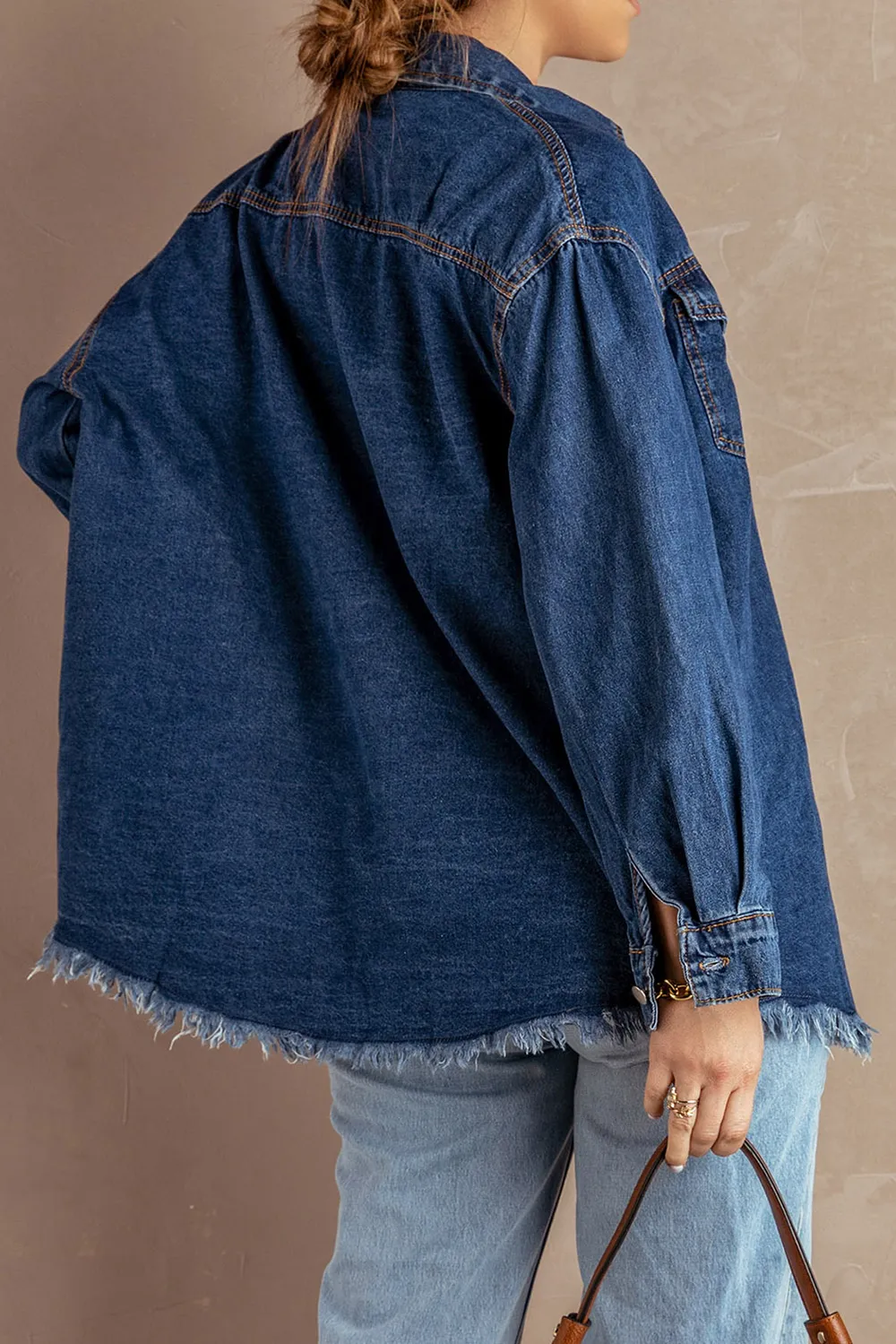 Button Up Pocketed Raw Hem Denim Jacket, image 4