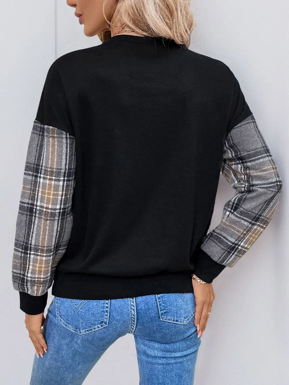 Plaid Round Neck Long Sleeve Sweatshirt, image 2