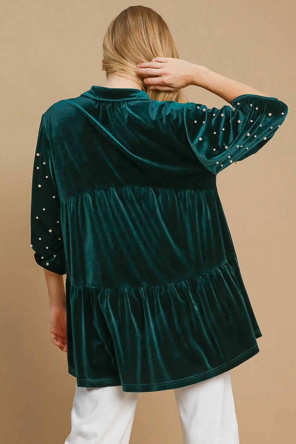 Pearl Detail Half Sleeve Velvet Babydoll Blouse, image 2