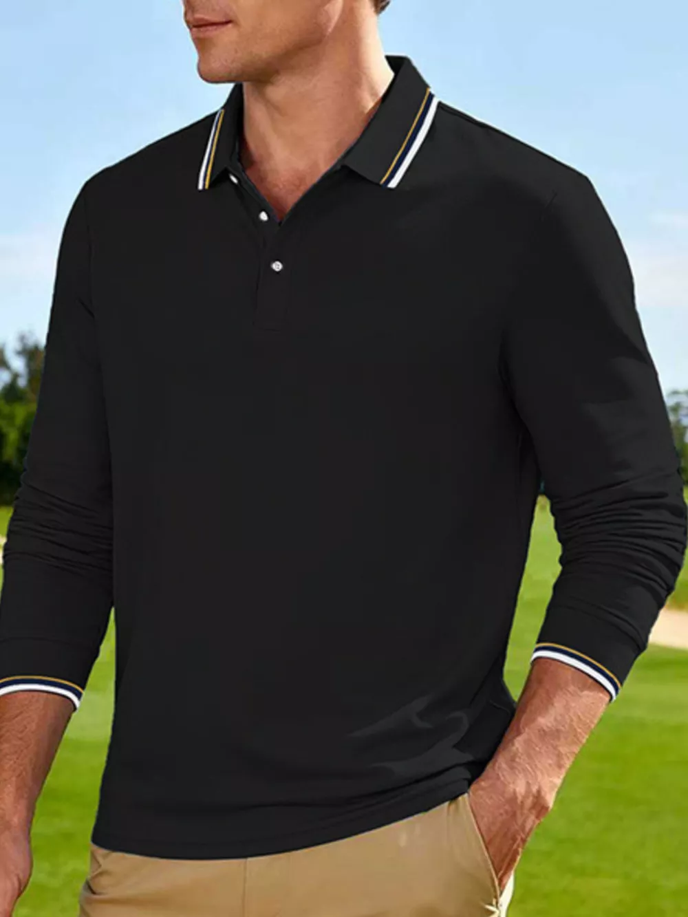 Men's Full Size Classic Long-Sleeve Polo with Striped Collar Plus Size, image 2