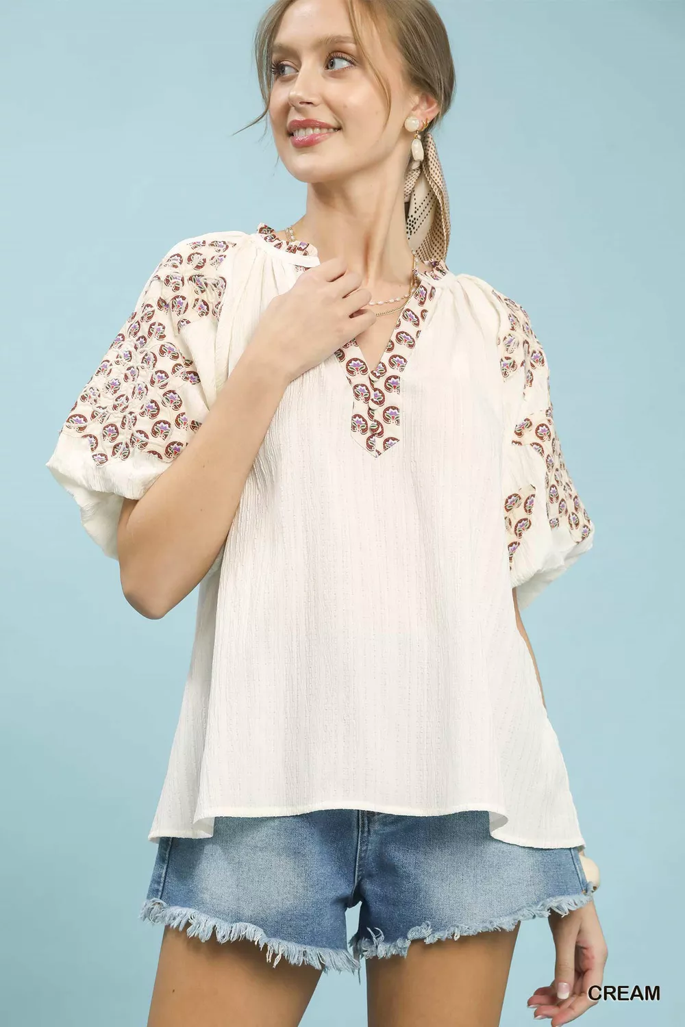 Embroidered Sleeve Contrast Trim Top