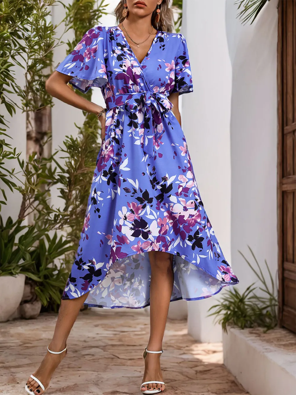 High-Low Printed Surplice Short Sleeve Midi Dress, image 2