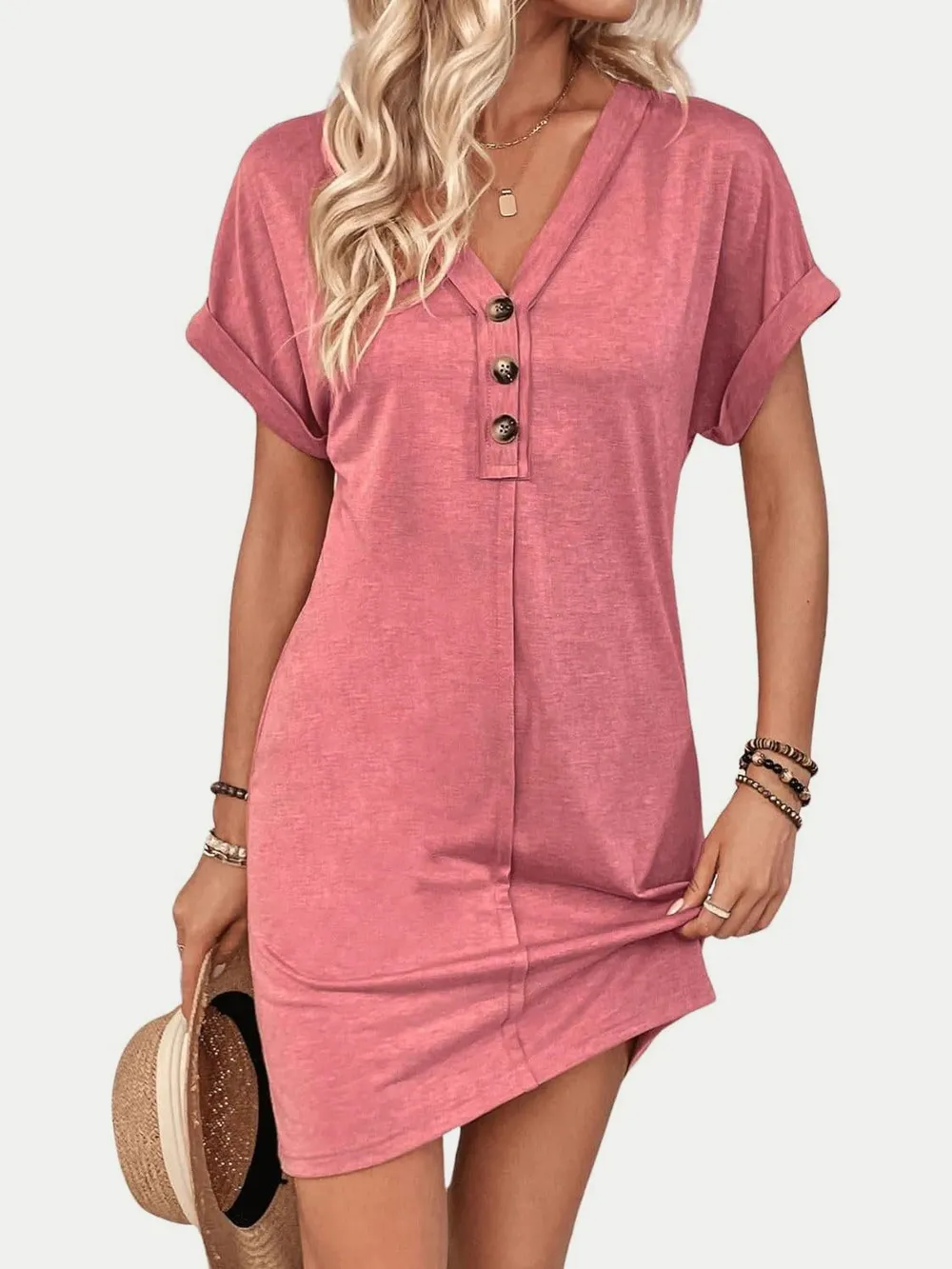 Quarter Button V-Neck Short Sleeve Dress, image 5