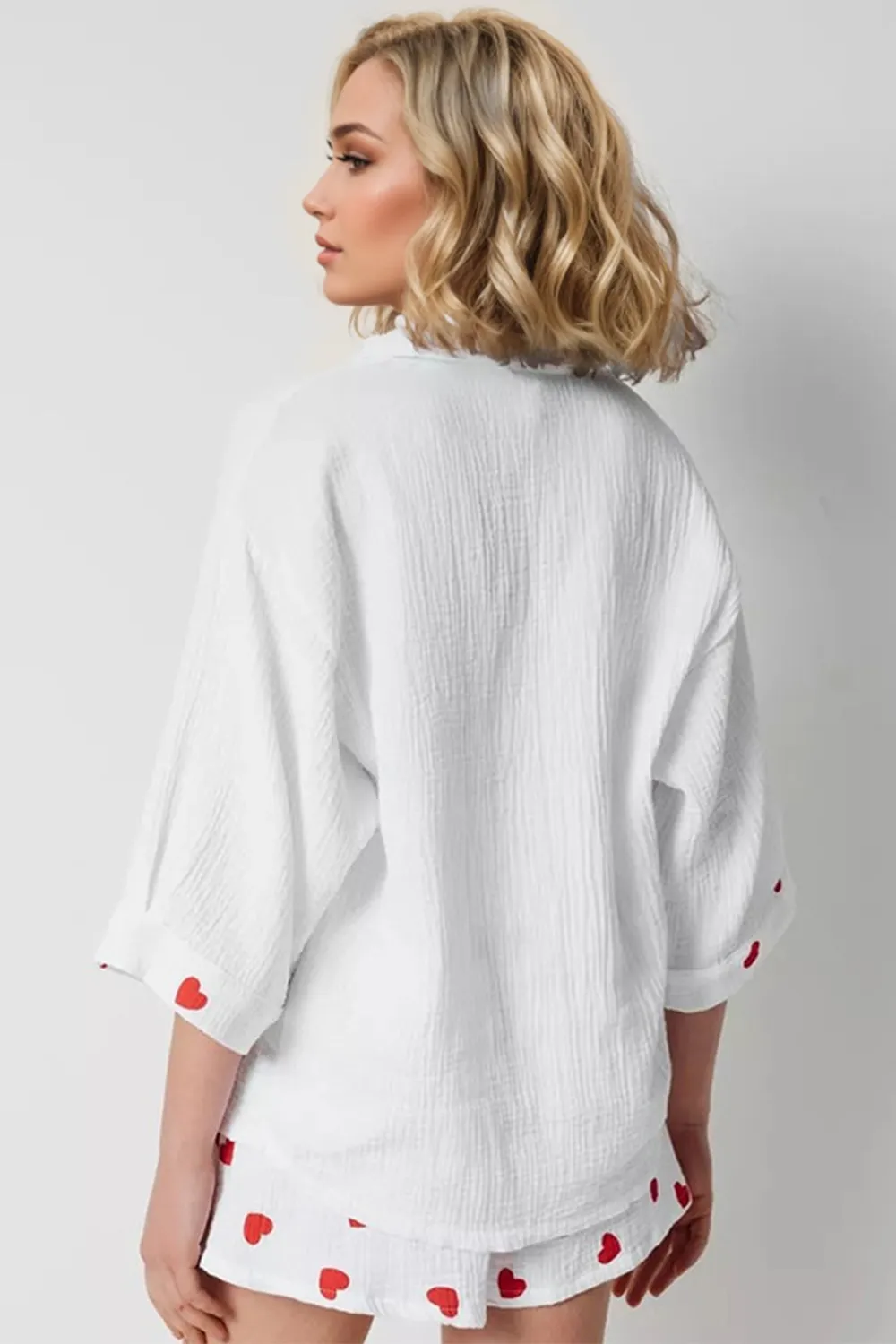 Heart Collared Neck Button Down Top and Shorts Set, image 2
