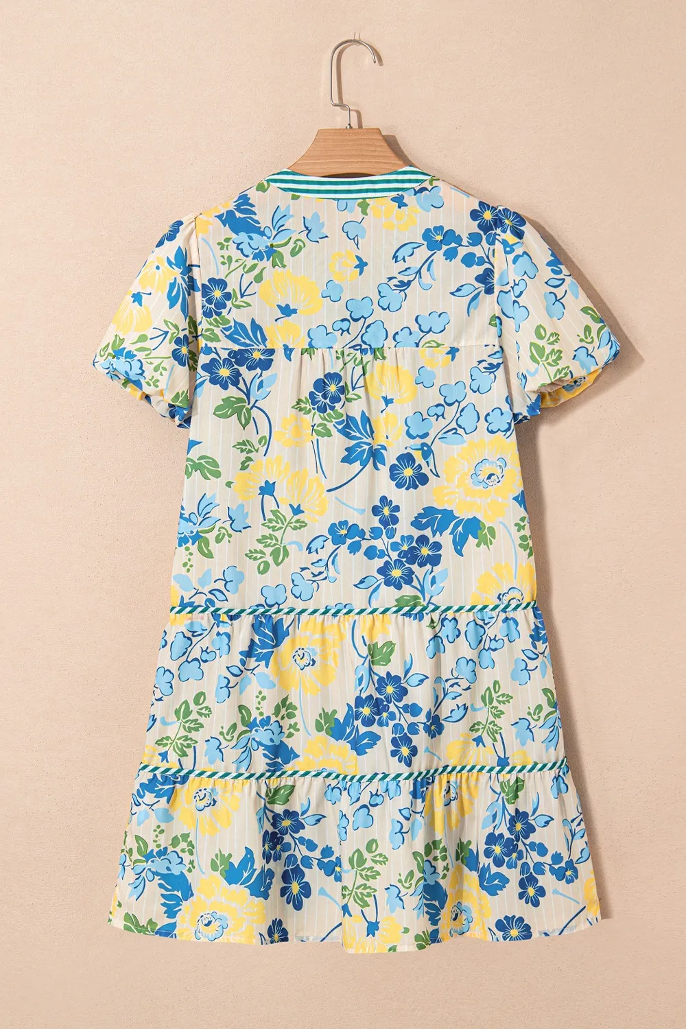 Floral Striped Trim Puff Short Sleeve Dress, image 2
