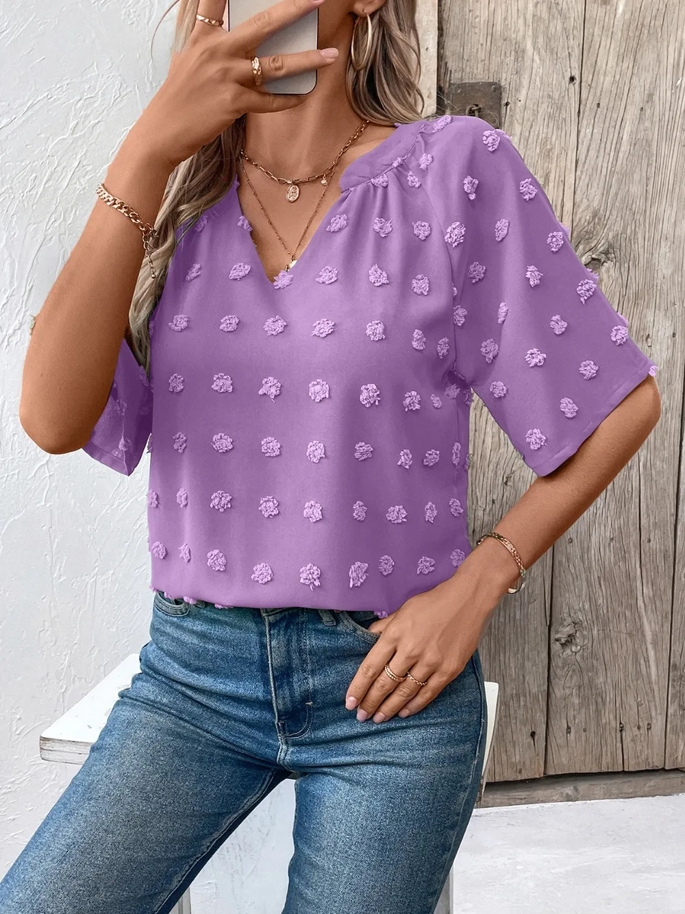 Swiss Dot Notched Half Sleeve Blouse, image 3