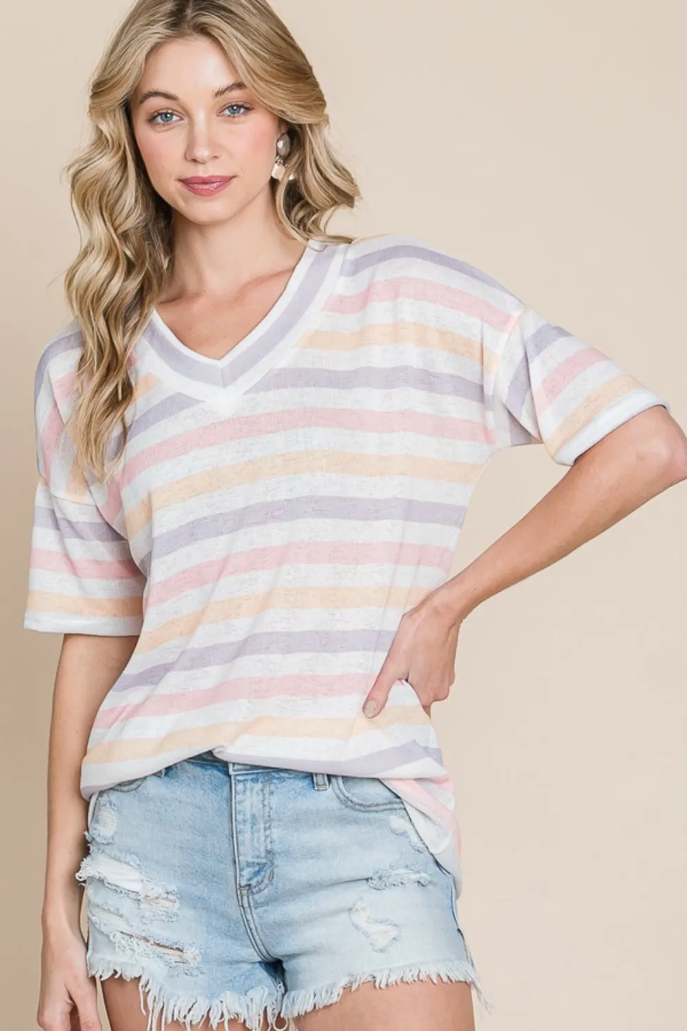 Striped V-Neck Short Sleeve T-Shirt, image 3