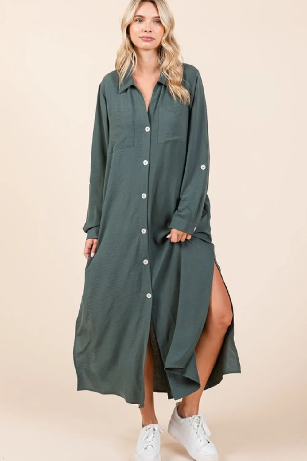 Airflow V-Neck Long Sleeve Button Down Maxi Dress, image 4